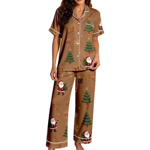 JIAYUE Christmas PJS 2-Piece Set for Women Graphic Print Button-Front Notch Collar Long Sleeve Top & Pants Sleepwear For Soft Wear
