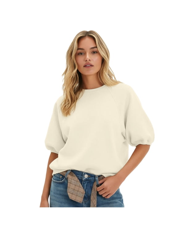 Crewneck Sweatshirt for Women Stylish Solid Color Puff Short Sleeve Loose Fit Hoodless Sweatshirts For Beach Vacation