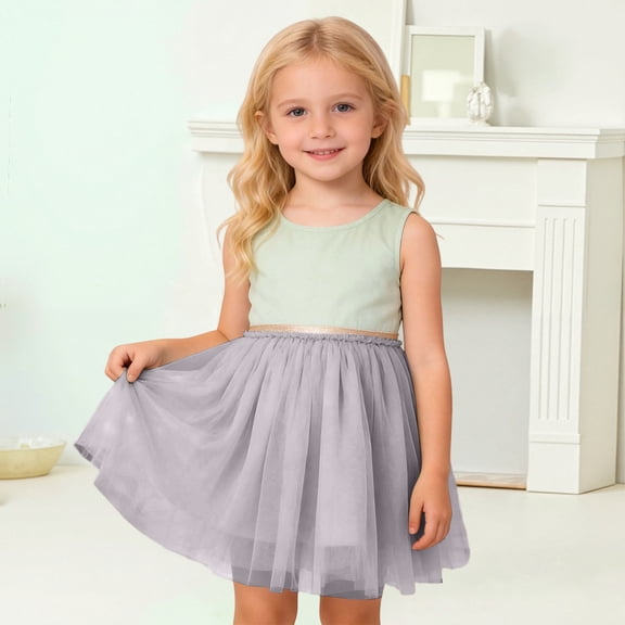 JIAYUE Dresses For Girls Carnival Solid Color Sleeveless Crew Neck Pull-On Sundress For Kids Fashionable Celebration Wear