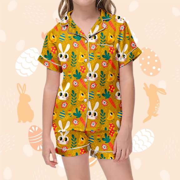 JIAYUE Easter Outfit Sets For Kids Cartoon Print Short Sleeve Collared Button Tops Shorts Funny Pattern For Children Breathable Base Layer