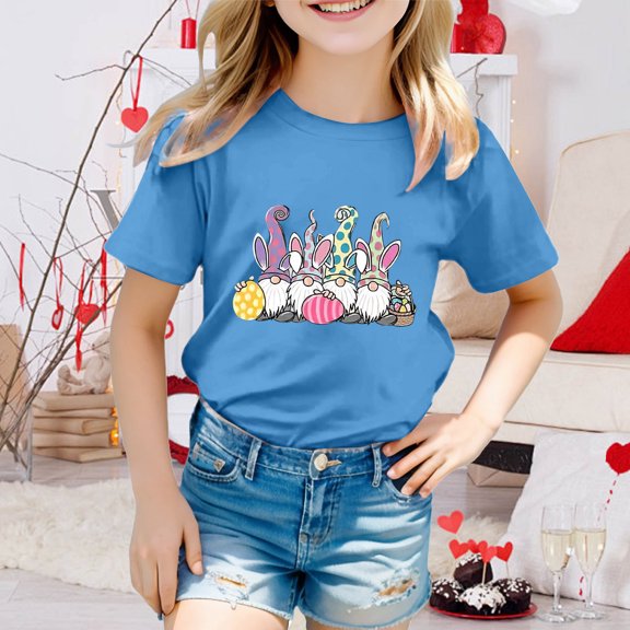 JIAYUE Easter Tops For Boys Girls Cartoon Print Short Sleeve Crew Neck Pull-On Lightweight T Shirts For Toddler Charming Tops