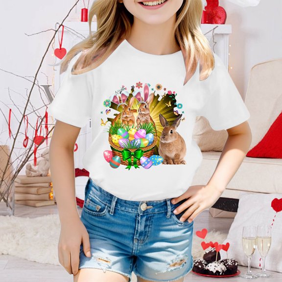 JIAYUE Easter Tops For Boys Girls Cartoon Print Short Sleeve Round Neck Pull-On Classic Fit T Shirts For Toddler Seasonal Everyday Shirts