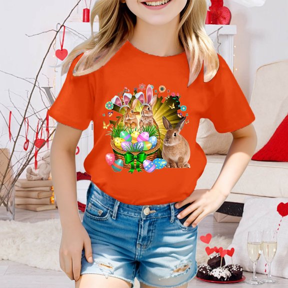 JIAYUE Easter Tops For Boys Girls Cartoon Print Short Sleeve Round Neck Pull-On Classic Fit T Shirts For Toddler Seasonal Layering Tees