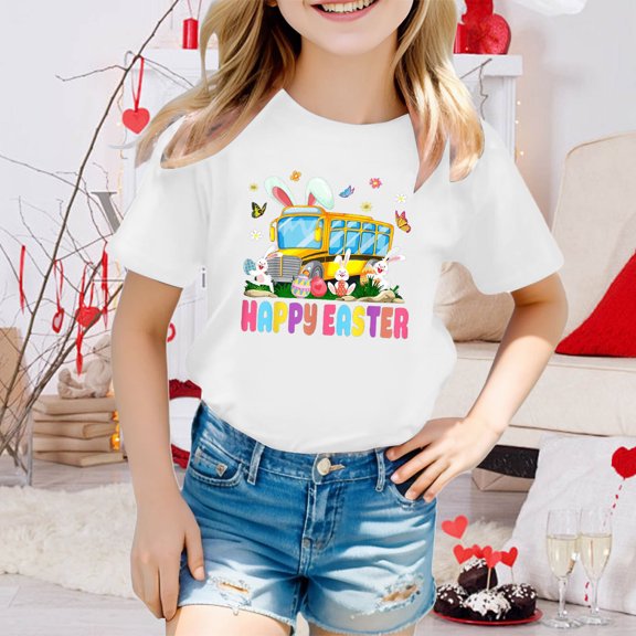 JIAYUE Easter Tops For Boys Girls Crew Neck Cartoon Print Short Sleeve Pull-On Lightweight T Shirts For Toddler Casual Tees