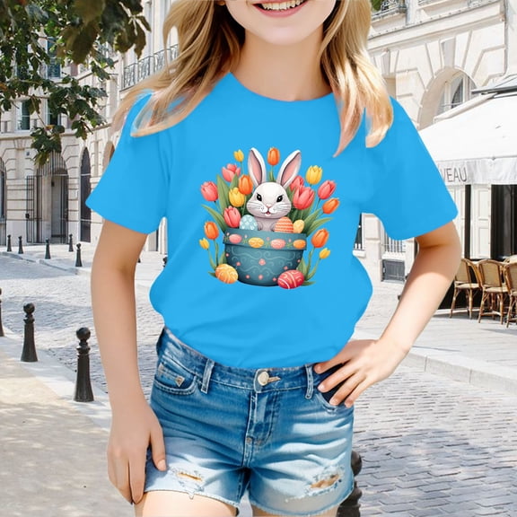 JIAYUE Easter Tops For Boys Girls Short Sleeve Cartoon Print Crew Neck Pull-On Classic Fit T Shirts For Child Soft Shirts