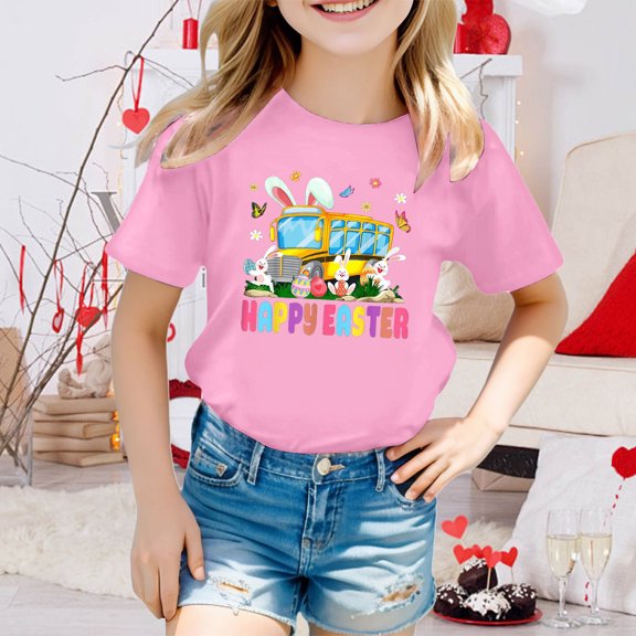JIAYUE Easter Tops For Boys Girls Short Sleeve Cartoon Print Crew Neck Pull-On Lightweight T Shirts For Children Breathable Shirts