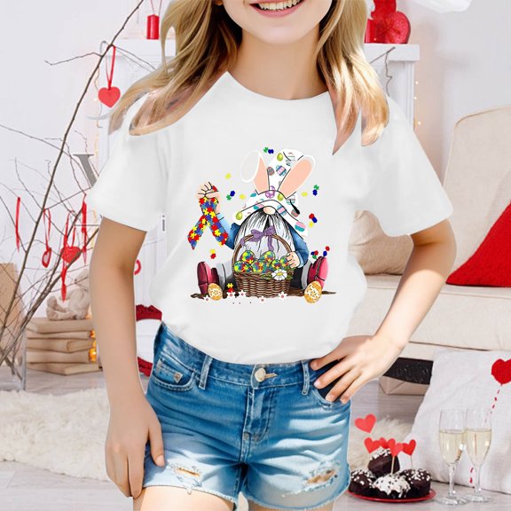 JIAYUE Easter Tops For Kids Boys Girls Cartoon Print Short Sleeve Crew Neck Pull-On Classic Fit T Shirts For Children Party Charming Cozy Tees