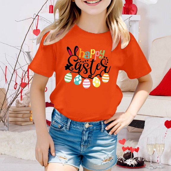 JIAYUE Easter Tops For Kids Boys Girls Cartoon Print Short Sleeve Crew Neck Pull-On Lightweight T Shirts For Kids Casual Dailywear