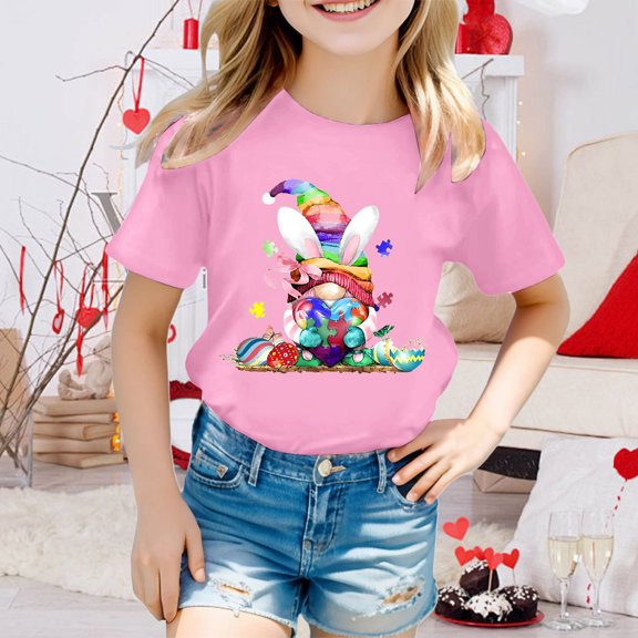 JIAYUE Easter Tops For Kids Boys Girls Cartoon Print Short Sleeve Round Neck Pull-On Lightweight T Shirts For Child Breathable Everyday Shirts