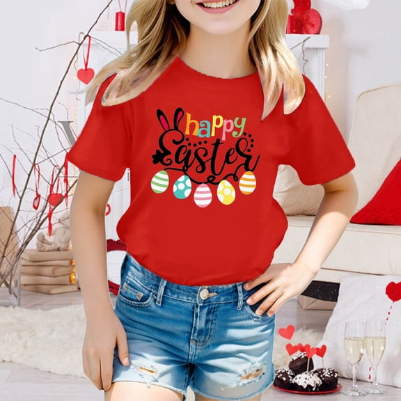 JIAYUE Easter Tops For Kids Boys Girls Cartoon Print Short Sleeve Round Neck Pull-On Lightweight T Shirts For Kids Casual Comfortable Tops