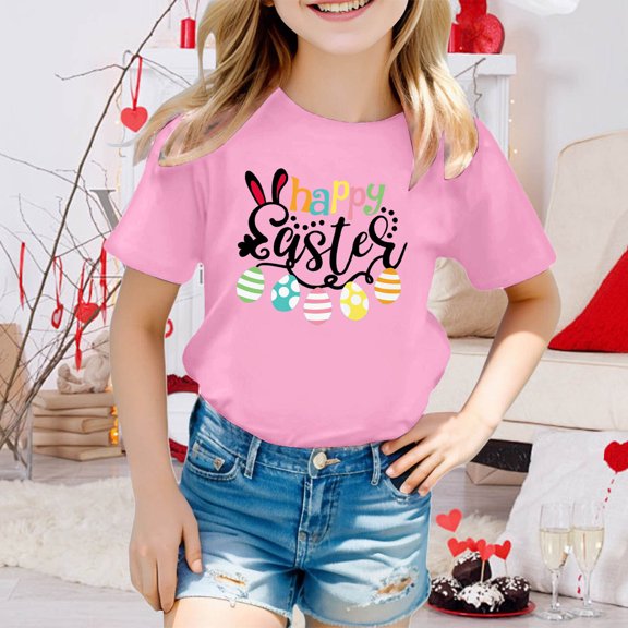 JIAYUE Easter Tops For Kids Boys Girls Cartoon Print Short Sleeve Round Neck Pull-On Lightweight T Shirts For Kids Casual Comfortable Tops