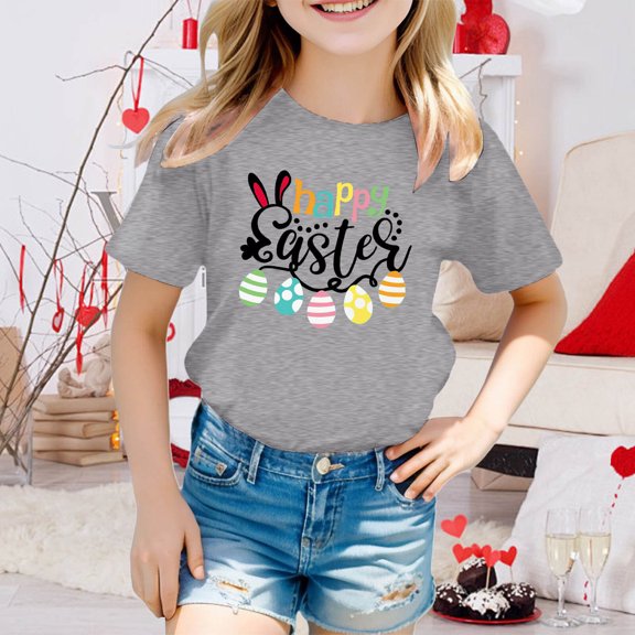 JIAYUE Easter Tops For Kids Boys Girls Cartoon Print Short Sleeve Round Neck Pull-On Lightweight T Shirts For Kids Casual Everyday Shirts