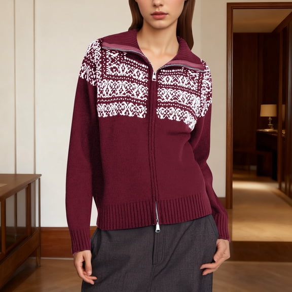 JIAYUE Fall Winter Outerwear Fair Isle Sweater For Women Jacquard Long Sleeve Classic Fit Zipper Snug Warmth For Ladies Stylish Streetwear