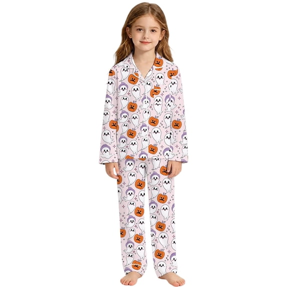 JIAYUE Girl Child Sleepwear Ensemble Enchanting Halloween Themed Print Pajamas For Notch Collar Long Sleeve Tops And Cozy Bottoms Two Piece Set Lightweight Home Soft Nightwear,11-12 Years