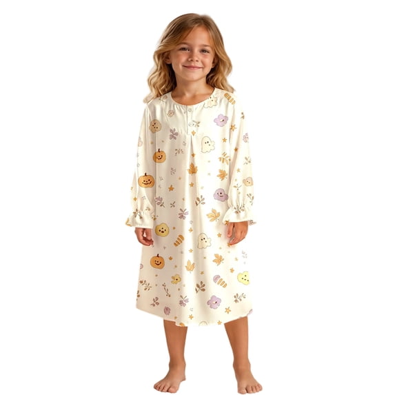 JIAYUE Girl Kids Nightgown Comfortable Lightweight Breathable Halloween Funny Print Long Sleeve Ruffle Round Neck Button Front Loose Fit Cute Pajamas For Party Family Indoor Loungewear