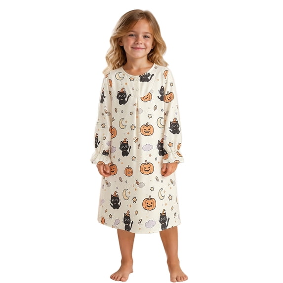 JIAYUE Girl Kids Nightgown Comfortable Lightweight Halloween Funny Print Long Sleeve Ruffle Cuff Round Neck Button Front Loose Fit Cute Pajamas For Holiday Party Family Indoor Loungewear