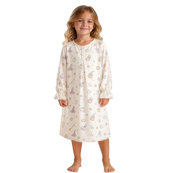 JIAYUE Girl Kids Nightgown Comfortable Lightweight Halloween Funny Print Long Sleeve Ruffle Cuff Round Neck Button Front Loose Fit Cute Pajamas For Holiday Party Family Indoor Loungewear