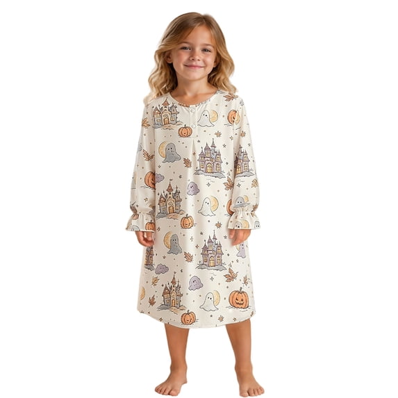 JIAYUE Girl Kids Nightgown Soft Lightweight Breathable Halloween Funny Print Long Sleeve Ruffle Cuff Round Neck Button Front Loose Fit Cute Pajamas For Holiday Party Family Indoor Loungewear