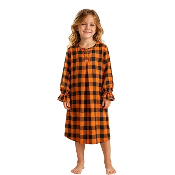 JIAYUE Girl Kids Nightgown Soft Lightweight Halloween Funny Print Long Sleeve Ruffle Cuff Round Neck Button Front Loose Cute Pajamas For Holiday Party Family Indoor Loungewear Nightwear,11-12 Years