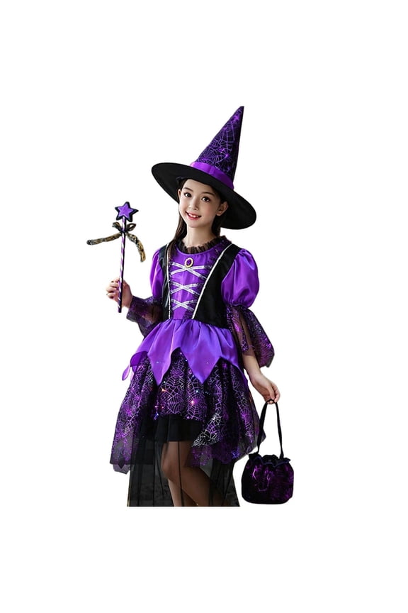 Girl's Dress Purple Black Witch Flare Sleeve Spider Web Print Tulle Dresses With Pointed Hat Star Magic Wand Drawstring Treat Bag For Halloween Party,3-4 Years