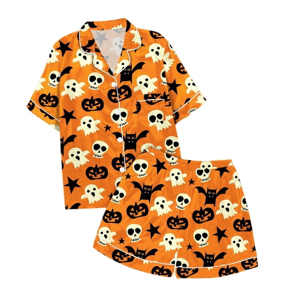 JIAYUE Girl's Halloween Pajama Set Lightweight Short Sleeve Notched Collared Button Front Tops And Shorts Loose Fit Two Piece Sleepwear For Leisure Indoor Rest Daily Home Wear,6-7 Years