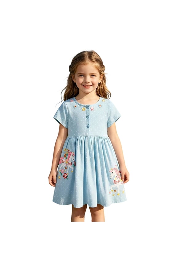Girl's Kids Dress Pattern Embroidery Striped Short Sleeve Half Button Round Neck Lightweight Knit Knee Length A Line Dresses Spring Summer Daily Breathable Dresses ,7 Years
