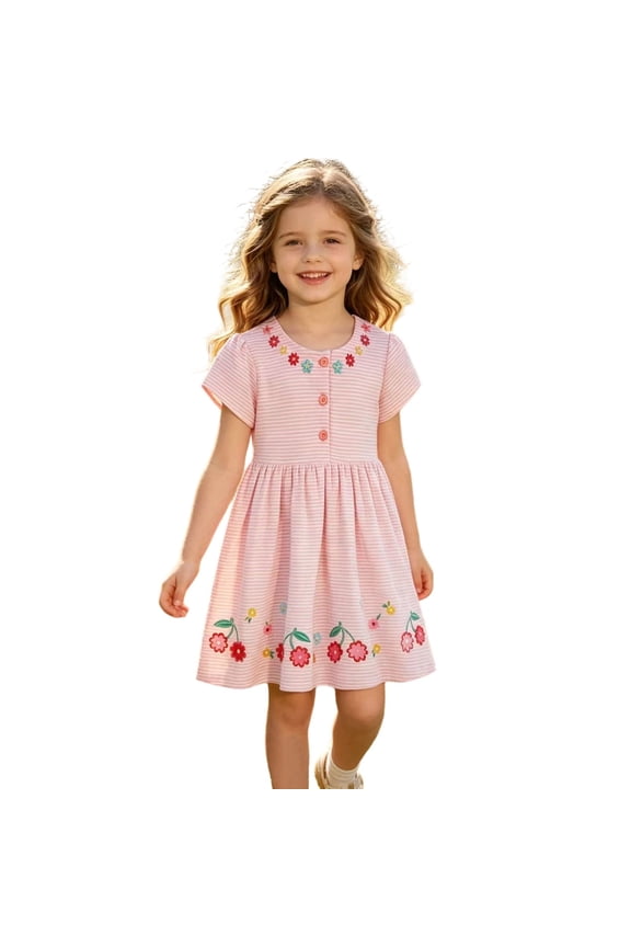 Girl's Kids Dress Pattern Embroidery Striped Short Sleeve Half Button Round Neck Lightweight Knit Knee Length A Line Dresses Spring Summer Daily Breathable Wear ,2 Years