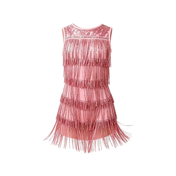 JIAYUE Girl's Kids Dress Solid Color Sequin Layered Fringe Sleeveless Crew Neck Slim Fit Stage Performance Dresses For Dance Competition Lightweight Breathable Wear,15-16 Years