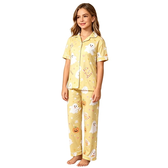JIAYUE Girl's Kids Pajamas Sets Halloween Pattern Printed With Notched Collar Short Sleeve Tops Long Wide Leg Pants For Home Wear Cozy For Lightweight Comfort Sleepwear Soft All Night,4-5 Years