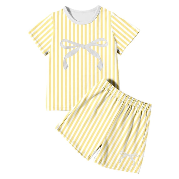 JIAYUE Girl's Sleepwear Sets Striped Print Breathable Crew Neck Relaxed Fit Short Sleeve Tops And Shorts Two Piece Pajamas Cute Loungewear For Summer Home Vacation Weekend Daily Night,3-4 Years