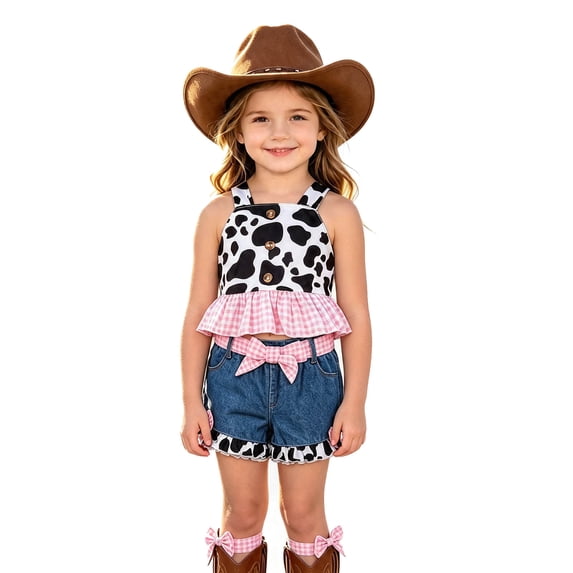 JIAYUE Girls 2 Piece Outfit Cow Print Square Neck Sleeveless Ruffle Hem Top Denim Bow Decor Shorts Set For Country Theme Party