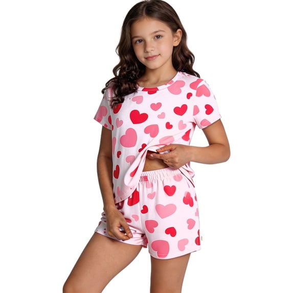 JIAYUE Girls 2‑Piece Pajamas Set Crew Neck Heart Pattern Short Sleeve Top & Shorts Outfit Soft Sleepwear for Night Wear
