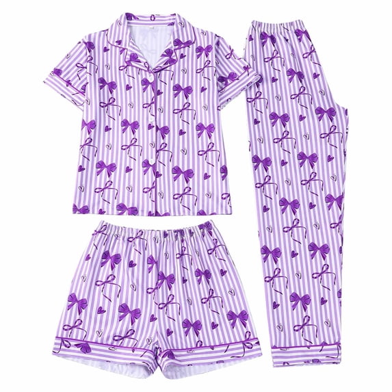JIAYUE Girls 3‑Piece Pajama Set Bow Striped Print Button Notch Collar Short Sleeve Top with Shorts & Pants Soft Sleepwear Outfit for Home Sleep