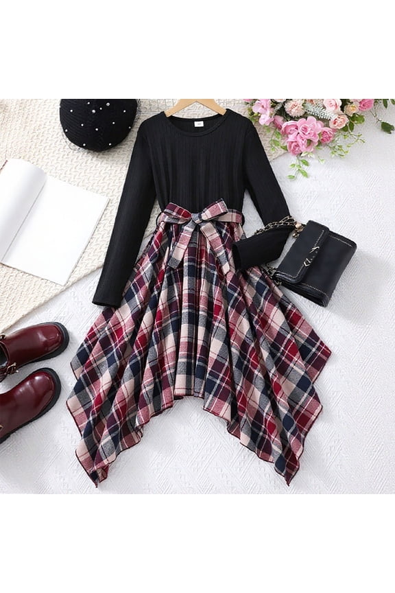 Girls Apparel Set Long Sleeve Round Neck Plaid Patchwork Dress Belt Asymmetrical Hem For Children 8 To 12 Years Old Soft Party Outfit