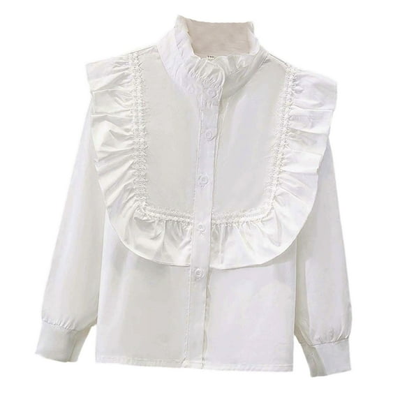 JIAYUE Girls Blouse Solid Color Peter Pan Collar Kids Long Sleeve Party Kids Elegant Ruffled Button Down Shirts School Cozy Children Tops