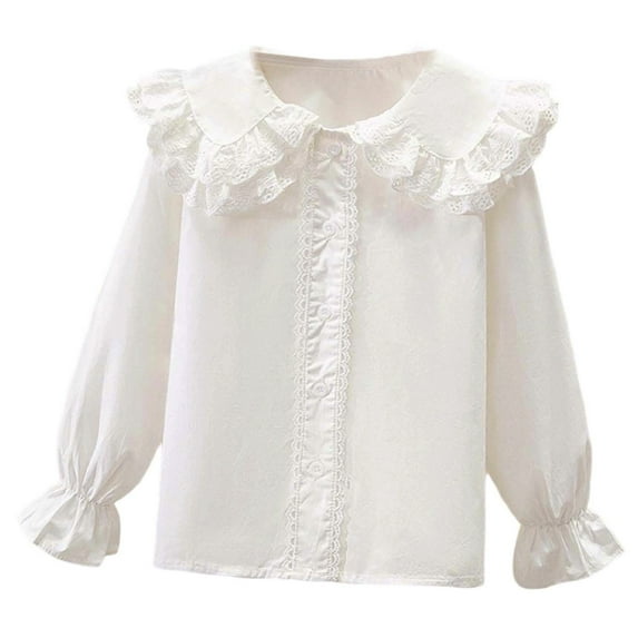 JIAYUE Girls Blouse Solid Color Peter Pan Collar Kids Long Sleeve Party Kids Elegant Ruffled Button Down Shirts School Relaxed Fit Children Tops