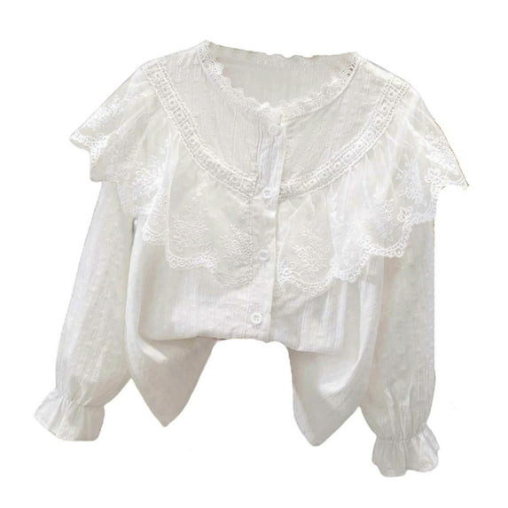 JIAYUE Girls Blouse Solid Color Peter Pan Collar Kids Long Sleeve Party Kids Elegant Ruffled Button Down Shirts School Relaxed Fit Children Tops