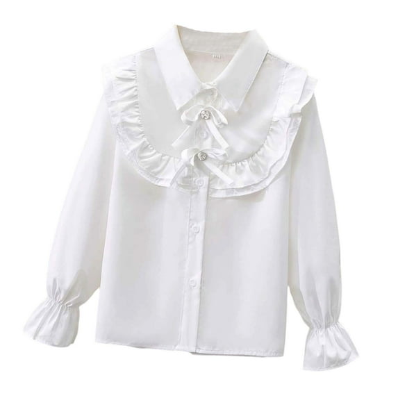 JIAYUE Girls Blouse Solid Color Peter Pan Collar Kids Long Sleeve Party Kids Elegant Ruffled Button Down Shirts School Versatile Children Tops