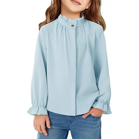 JIAYUE Girls Blouses Tops Ruffle Detail Stand Collar Long Sleeve Solid Color For Children Polished Look Wear