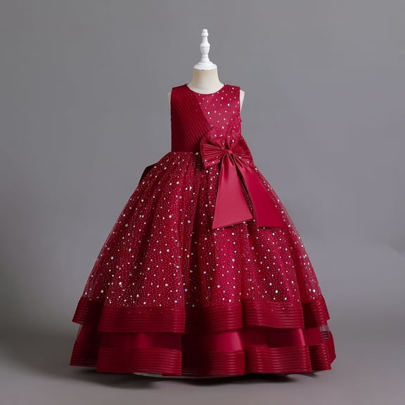 JIAYUE Girls Carnival Dresses Solid Color Sleeveless Crew Neck Long Big Bow Front Wedding Dress Evening Gown For Kids Stylish Adjustable Clothing