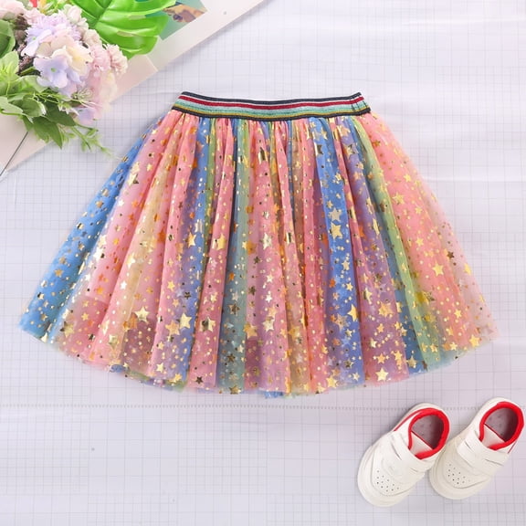 JIAYUE Girls Carnival Skirt Rainbow Stars Tutu Mid-Length Ballet Dance Skirt For Toddler Kids 2 To 10 Years Cute Everyday Casual Skirt