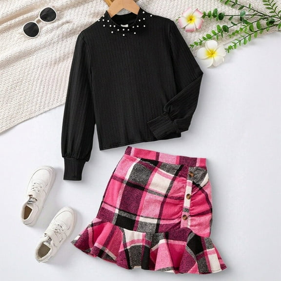 JIAYUE Girls Clothing Set Pearl Collar Long Sleeve Ribbed Top Plaid Pleated Short Skirt 2 Piece Set For Youth 8 To 12 Years Old Elegant Outfit
