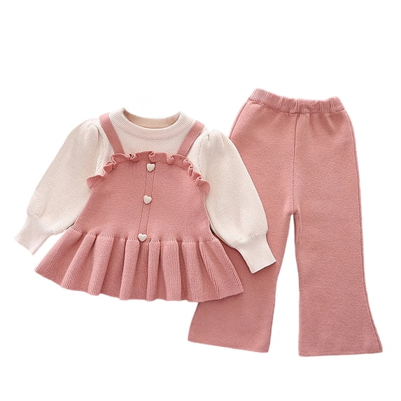 JIAYUE Girls Clothing Set Puff Sleeve Knit Ruffle Button Strap Dress Flared Knit Pants 2 Piece Outfit For Autumn Back To School,2-3 Years