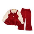 thumbnail image 1 of JIAYUE Girls Clothing Set Puff Sleeve Knit Ruffle Button Strap Dress Flared Knit Pants 2 Piece Outfit For Autumn Back To School,5-6 Years, 1 of 4