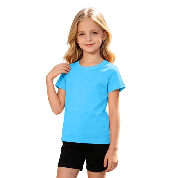 JIAYUE Girls Clothing Set Solid Color Crew Neck Short‑Sleeve T‑Shirt Casual Basic Tees 2 Piece Outfit For Daily Play,5-6 Years