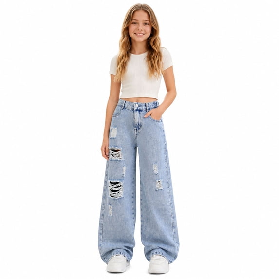 JIAYUE Girls Denim Pant Ripped Design Button Fly High Waist Baggy Wide Leg Jeans for Travel Soft Wear