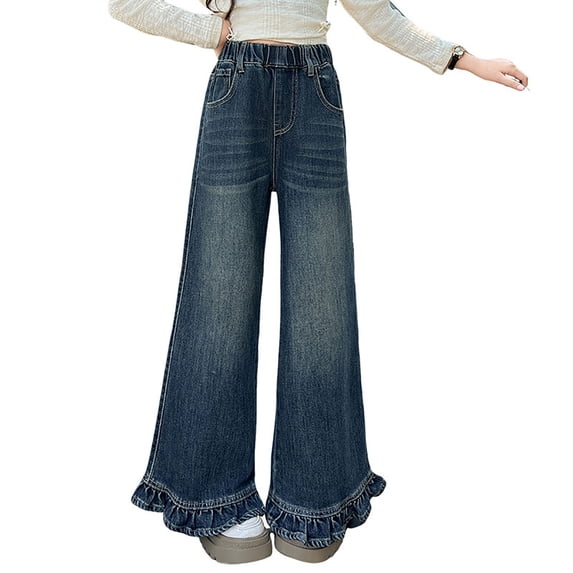 JIAYUE Girls Denim Pants Full Length Ruffle Hem Solid Color Baggy Wide Leg Elastic Waist With Pockets Jeans Children Trendy Versatile Bottoms