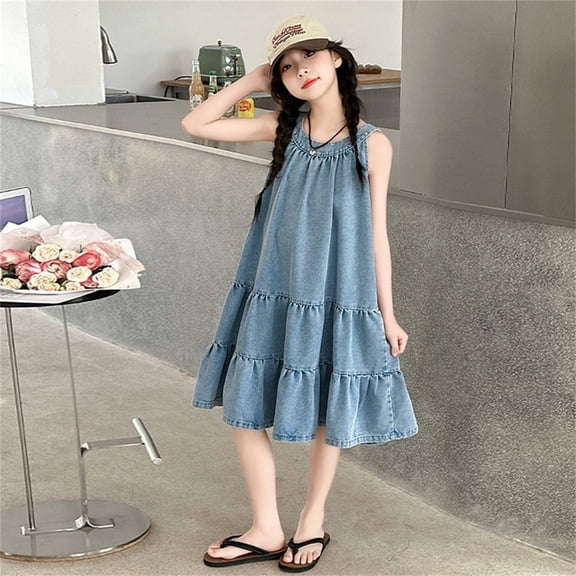 JIAYUE Girls Denim Spring Dresses Solid Color Sleeveless Straps Crew Neck A-Line Long Tiered For Kids Casual Streetwear Dailywear
