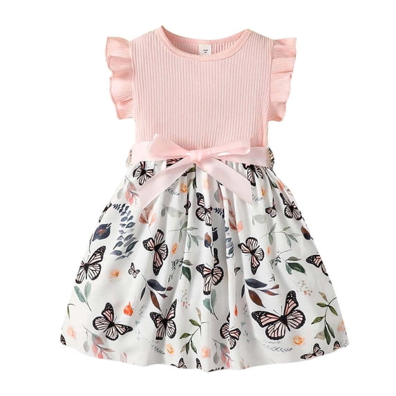 JIAYUE Girls Dresses A-Line Crew Neck Summer With Butterfly Print Fly Sleeve Fashion Casual Toddler Flowy Party Stylish Infant Kids Dress