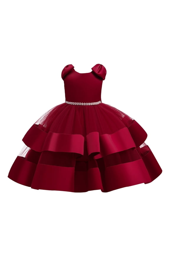Girls Dresses Solid Color Ball Gown Sleeveless O-Neck Beaded Bow Knot Puff Children Party Festival Trendy Infant Kids Dress